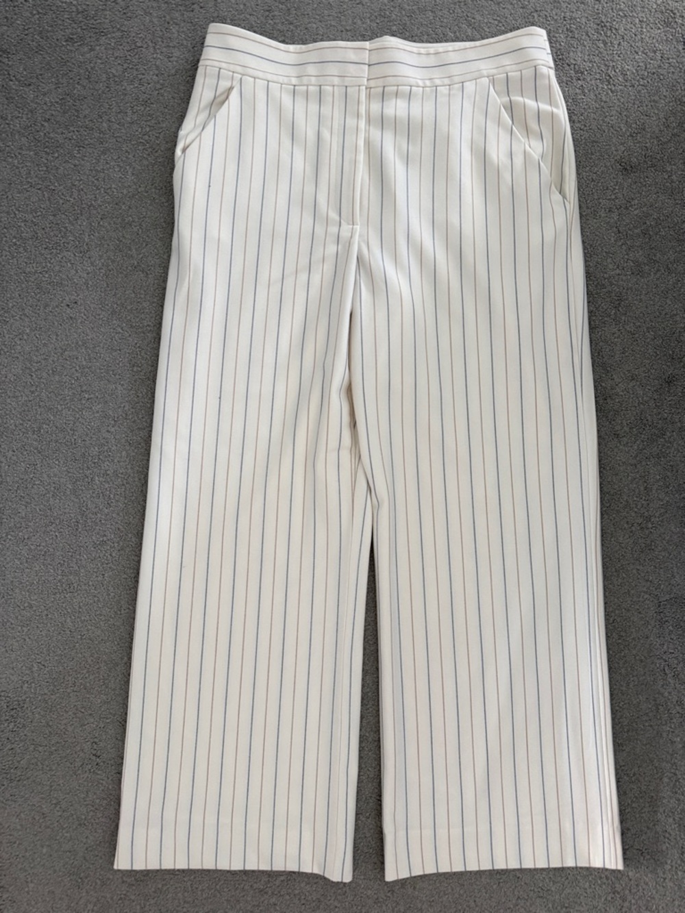 Veronica Beard White Pinstripe Wide-Leg Trousers with Blue and Tan Stripes